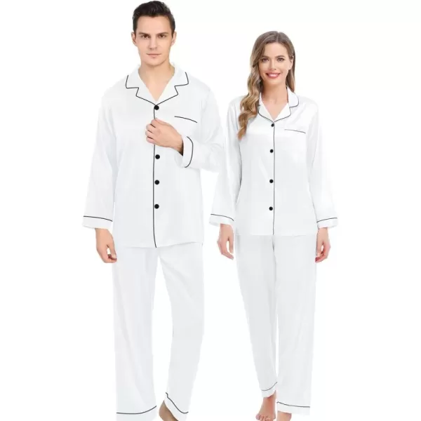 SWOMOG Couples Matching Pajamas Set Silk Satin Long Sleeve Sleepwear Soft Button Down Loungewear Pj SetWhite