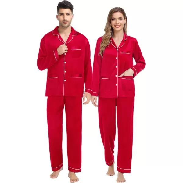 SWOMOG Couples Matching Pajamas Set Women ampamp Men Satin Long Sleeve Sleepwear Soft Button Down Pj Set Silk LoungewearRed