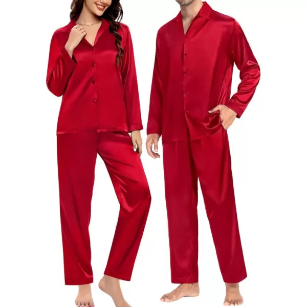 SWOMOG Couples Matching Pajamas Silk Satin Long Sleeve Button Down Sleepwear 2 Pieces Loungewear Soft PJs Set with PocketsRed