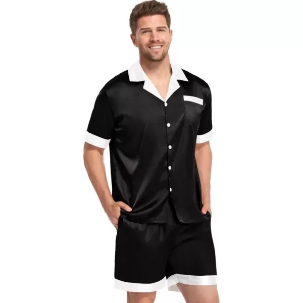 SWOMOG Couples Pajama Set Women ampamp Men Silk Satin Short Sleeve Set Top and Shorts Sleepwear Soft ButtonDown LoungewearBlack