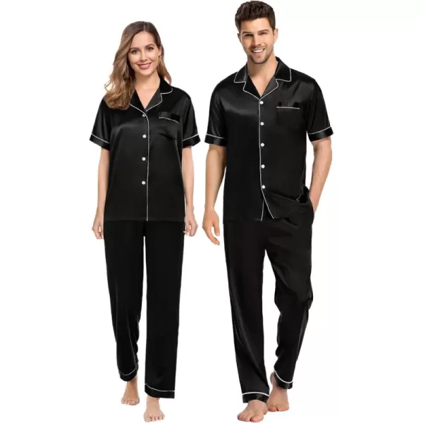 SWOMOG Couples Pajamas Sets Women ampamp Men Satin Short Sleeve Sleepwear Button Down Loungewear Pjs Set with Long PantsBlack