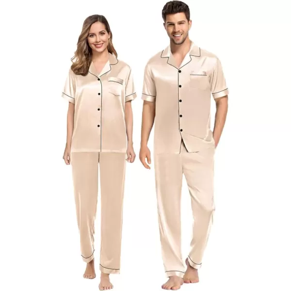 SWOMOG Couples Pajamas Sets Women ampamp Men Satin Short Sleeve Sleepwear Button Down Loungewear Pjs Set with Long PantsChampagne