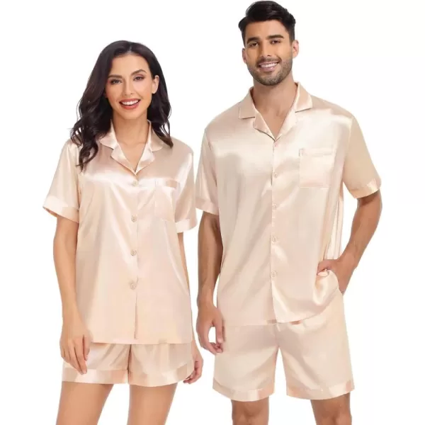 SWOMOG Satin Pajamas Sets Couple Silk Pjs Set Matching Button Down Sleepwear Short Sleeve2 PCS Lounge Set with pocketsChampagne