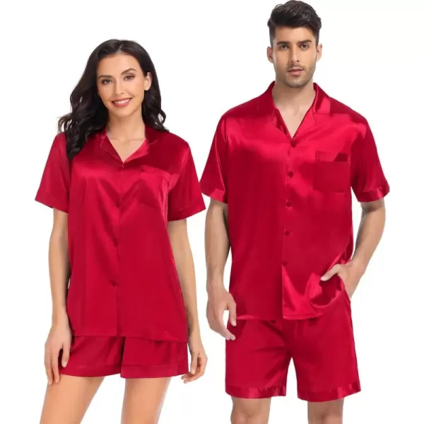 SWOMOG Satin Pajamas Sets Couple Silk Pjs Set Matching Button Down Sleepwear Short Sleeve2 PCS Lounge Set with pocketsRed