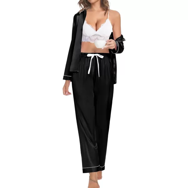 SWOMOG Couple Silk Satin Pajamas Set 2Pcs Long Sleeve Sleepwear Button Down Loungewear Pjs with PantsBlack