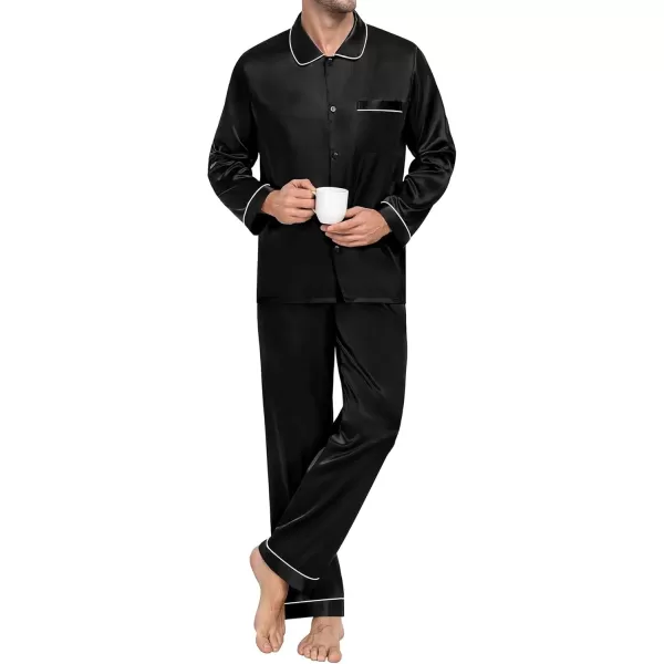 SWOMOG Couple Silk Satin Pajamas Set 2Pcs Long Sleeve Sleepwear Button Down Loungewear Pjs with PantsBlack