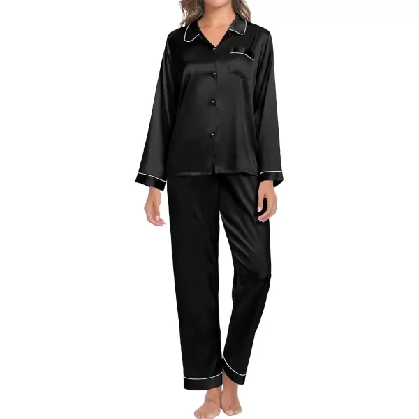 SWOMOG Couple Silk Satin Pajamas Set 2Pcs Long Sleeve Sleepwear Button Down Loungewear Pjs with PantsBlack