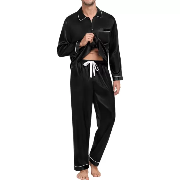 SWOMOG Couple Silk Satin Pajamas Set 2Pcs Long Sleeve Sleepwear Button Down Loungewear Pjs with PantsBlack