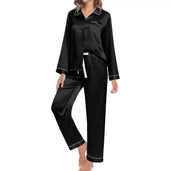 SWOMOG Couple Silk Satin Pajamas Set 2Pcs Long Sleeve Sleepwear Button Down Loungewear Pjs with PantsBlack