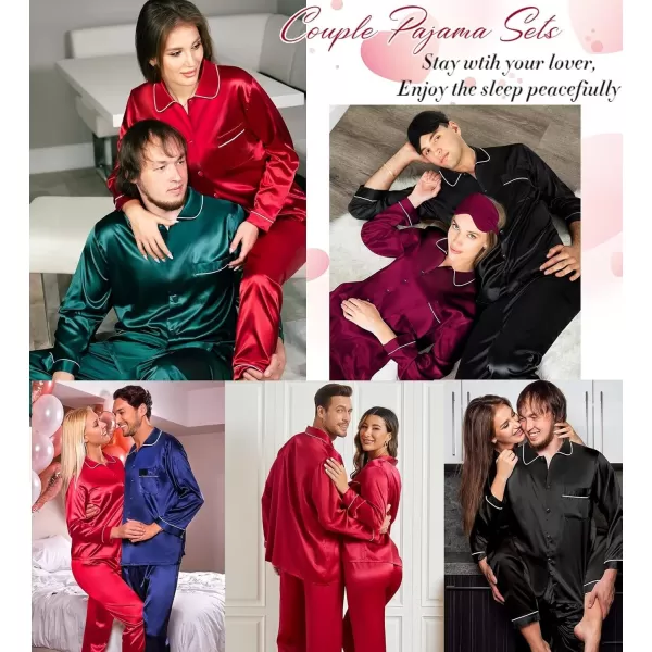 SWOMOG Couple Silk Satin Pajamas Set 2Pcs Long Sleeve Sleepwear Button Down Loungewear Pjs with PantsBlack