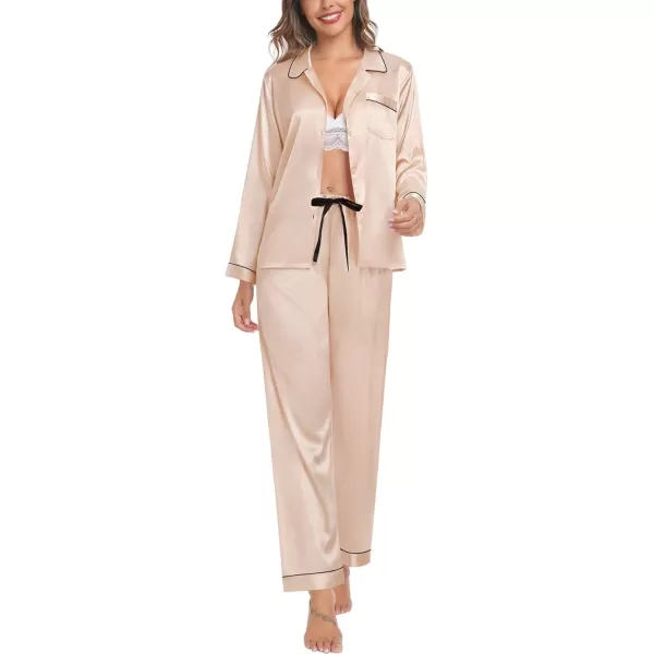 SWOMOG Couple Silk Satin Pajamas Set 2Pcs Long Sleeve Sleepwear Button Down Loungewear Pjs with PantsChampagne