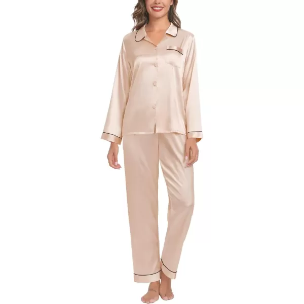 SWOMOG Couple Silk Satin Pajamas Set 2Pcs Long Sleeve Sleepwear Button Down Loungewear Pjs with PantsChampagne