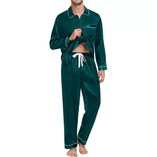 SWOMOG Couple Silk Satin Pajamas Set 2Pcs Long Sleeve Sleepwear Button Down Loungewear Pjs with PantsDark Green