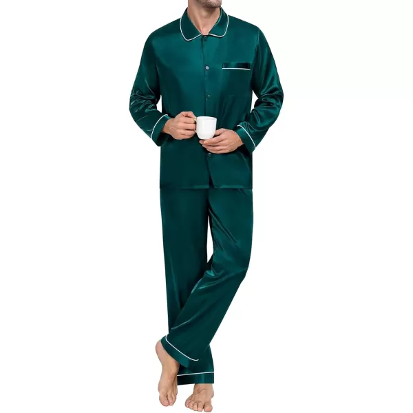 SWOMOG Couple Silk Satin Pajamas Set 2Pcs Long Sleeve Sleepwear Button Down Loungewear Pjs with PantsDark Green