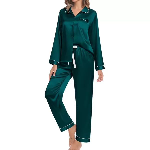 SWOMOG Couple Silk Satin Pajamas Set 2Pcs Long Sleeve Sleepwear Button Down Loungewear Pjs with PantsDark Green