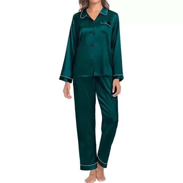 SWOMOG Couple Silk Satin Pajamas Set 2Pcs Long Sleeve Sleepwear Button Down Loungewear Pjs with PantsDark Green