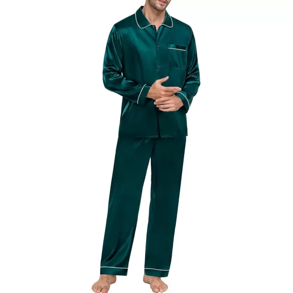 SWOMOG Couple Silk Satin Pajamas Set 2Pcs Long Sleeve Sleepwear Button Down Loungewear Pjs with PantsDark Green