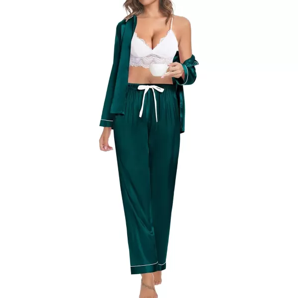 SWOMOG Couple Silk Satin Pajamas Set 2Pcs Long Sleeve Sleepwear Button Down Loungewear Pjs with PantsDark Green