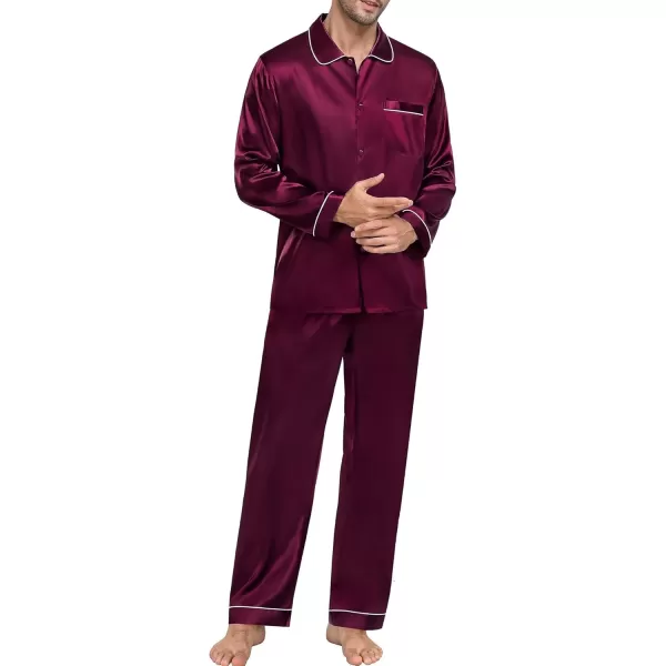 SWOMOG Couple Silk Satin Pajamas Set 2Pcs Long Sleeve Sleepwear Button Down Loungewear Pjs with PantsDark Wine Red