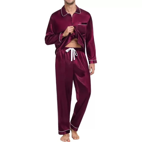 SWOMOG Couple Silk Satin Pajamas Set 2Pcs Long Sleeve Sleepwear Button Down Loungewear Pjs with PantsDark Wine Red