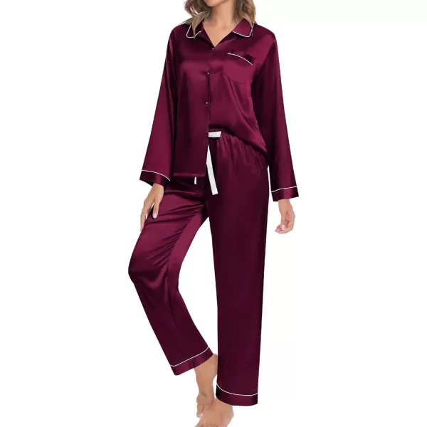 SWOMOG Couple Silk Satin Pajamas Set 2Pcs Long Sleeve Sleepwear Button Down Loungewear Pjs with PantsDark Wine Red