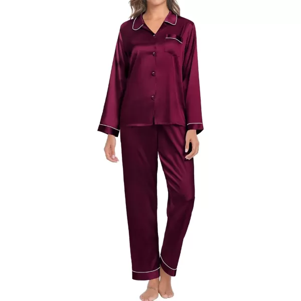 SWOMOG Couple Silk Satin Pajamas Set 2Pcs Long Sleeve Sleepwear Button Down Loungewear Pjs with PantsDark Wine Red