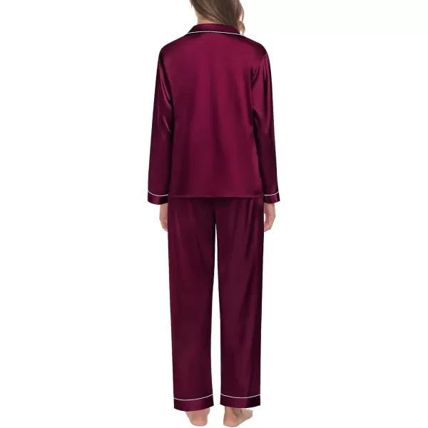 SWOMOG Couple Silk Satin Pajamas Set 2Pcs Long Sleeve Sleepwear Button Down Loungewear Pjs with PantsDark Wine Red