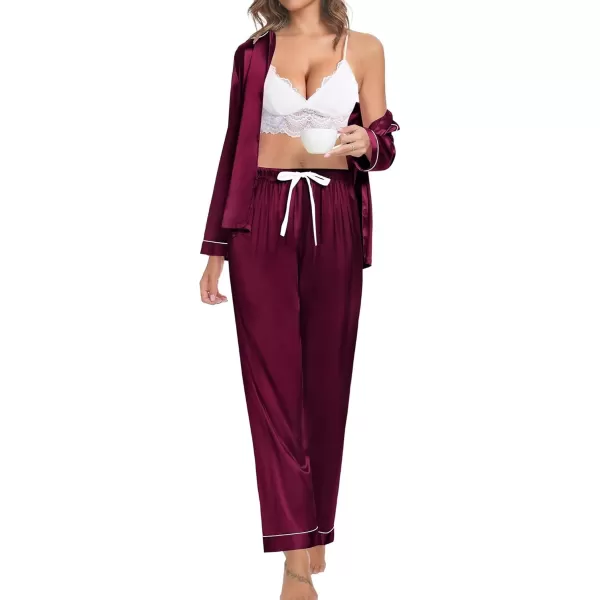 SWOMOG Couple Silk Satin Pajamas Set 2Pcs Long Sleeve Sleepwear Button Down Loungewear Pjs with PantsDark Wine Red