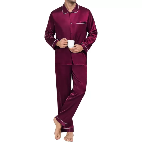 SWOMOG Couple Silk Satin Pajamas Set 2Pcs Long Sleeve Sleepwear Button Down Loungewear Pjs with PantsDark Wine Red