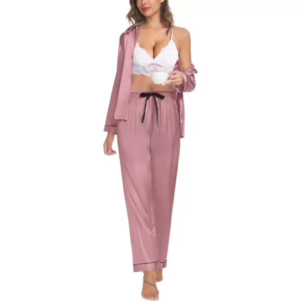 SWOMOG Couple Silk Satin Pajamas Set 2Pcs Long Sleeve Sleepwear Button Down Loungewear Pjs with PantsMisty Rose