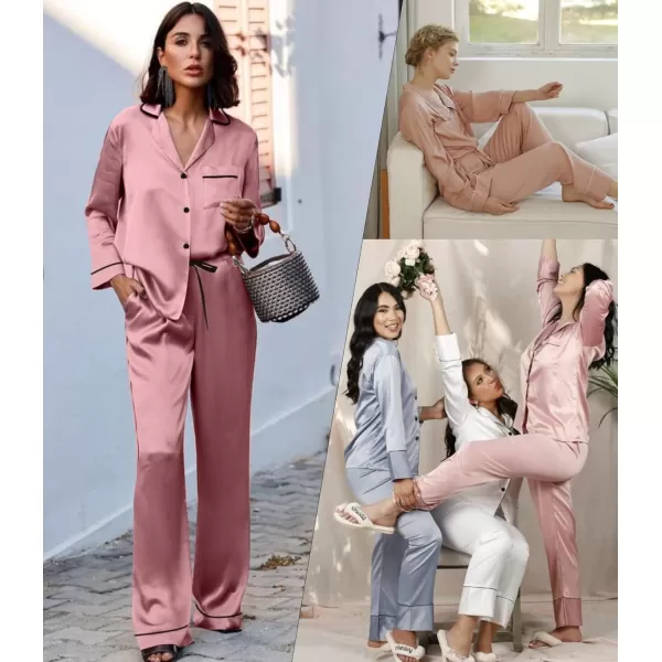 SWOMOG Couple Silk Satin Pajamas Set 2Pcs Long Sleeve Sleepwear Button Down Loungewear Pjs with PantsMisty Rose