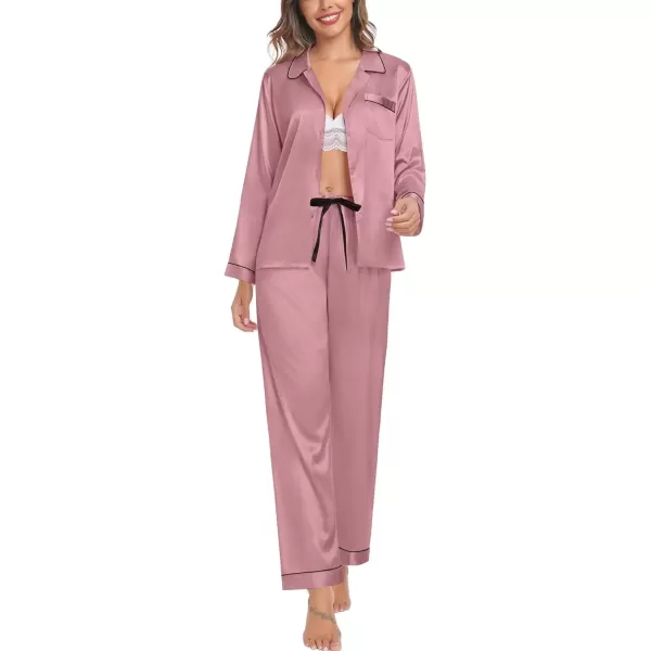 SWOMOG Couple Silk Satin Pajamas Set 2Pcs Long Sleeve Sleepwear Button Down Loungewear Pjs with PantsMisty Rose