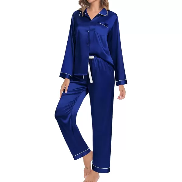 SWOMOG Couple Silk Satin Pajamas Set 2Pcs Long Sleeve Sleepwear Button Down Loungewear Pjs with PantsNavy Blue