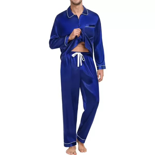 SWOMOG Couple Silk Satin Pajamas Set 2Pcs Long Sleeve Sleepwear Button Down Loungewear Pjs with PantsNavy Blue