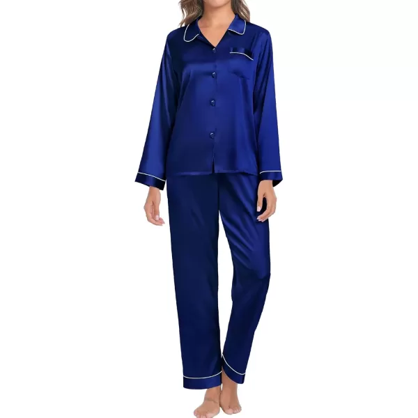 SWOMOG Couple Silk Satin Pajamas Set 2Pcs Long Sleeve Sleepwear Button Down Loungewear Pjs with PantsNavy Blue