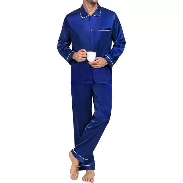 SWOMOG Couple Silk Satin Pajamas Set 2Pcs Long Sleeve Sleepwear Button Down Loungewear Pjs with PantsNavy Blue