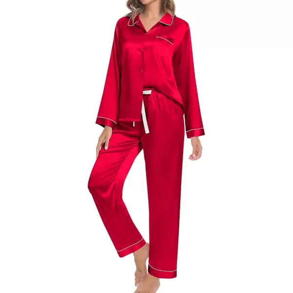 SWOMOG Couple Silk Satin Pajamas Set 2Pcs Long Sleeve Sleepwear Button Down Loungewear Pjs with PantsRed