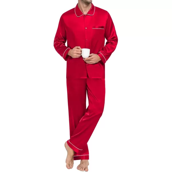 SWOMOG Couple Silk Satin Pajamas Set 2Pcs Long Sleeve Sleepwear Button Down Loungewear Pjs with PantsRed