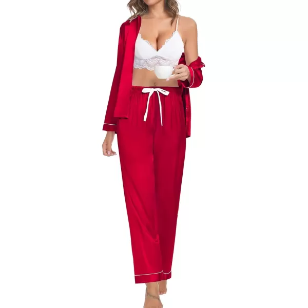 SWOMOG Couple Silk Satin Pajamas Set 2Pcs Long Sleeve Sleepwear Button Down Loungewear Pjs with PantsRed