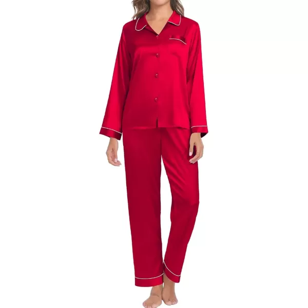 SWOMOG Couple Silk Satin Pajamas Set 2Pcs Long Sleeve Sleepwear Button Down Loungewear Pjs with PantsRed