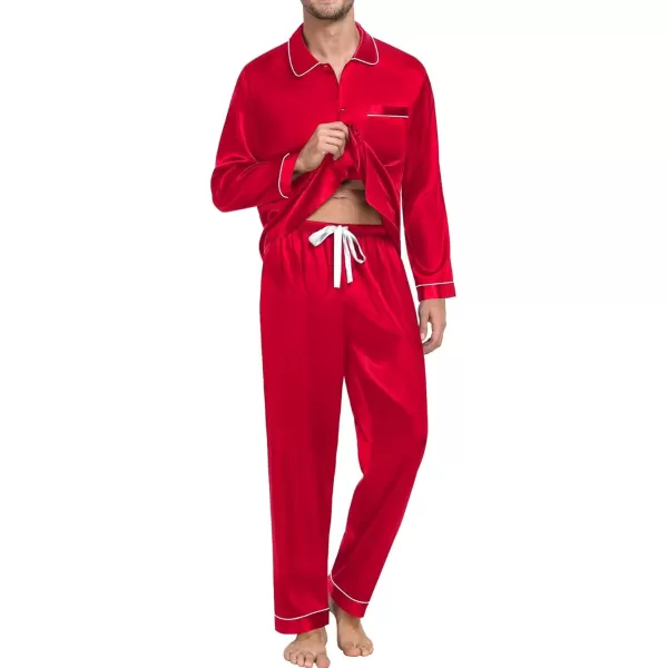 SWOMOG Couple Silk Satin Pajamas Set 2Pcs Long Sleeve Sleepwear Button Down Loungewear Pjs with PantsRed