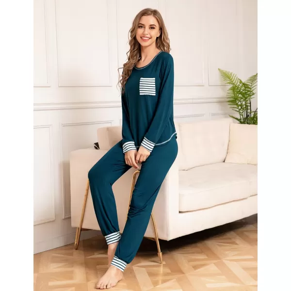 SWOMOG Pajamas Set Womens Long Sleeve Sleepwear Soft Modal Classic Loungewear Pj SetDark Navy Blue