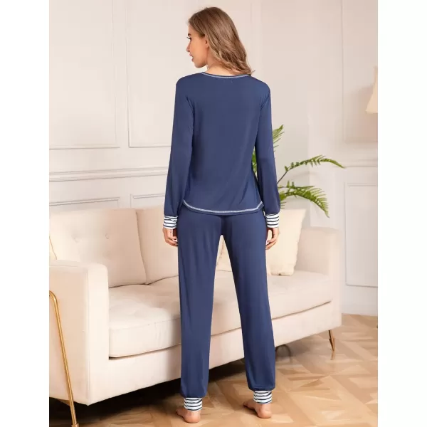 SWOMOG Pajamas Set Womens Long Sleeve Sleepwear Soft Modal Classic Loungewear Pj SetNavy Blue