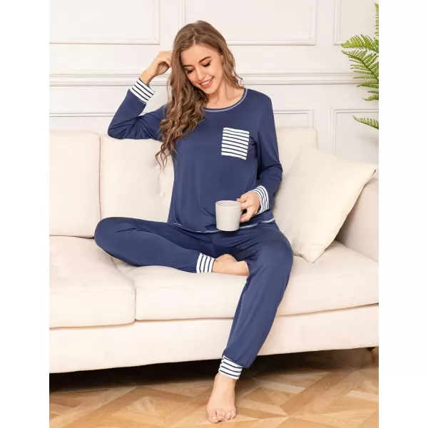 SWOMOG Pajamas Set Womens Long Sleeve Sleepwear Soft Modal Classic Loungewear Pj SetNavy Blue