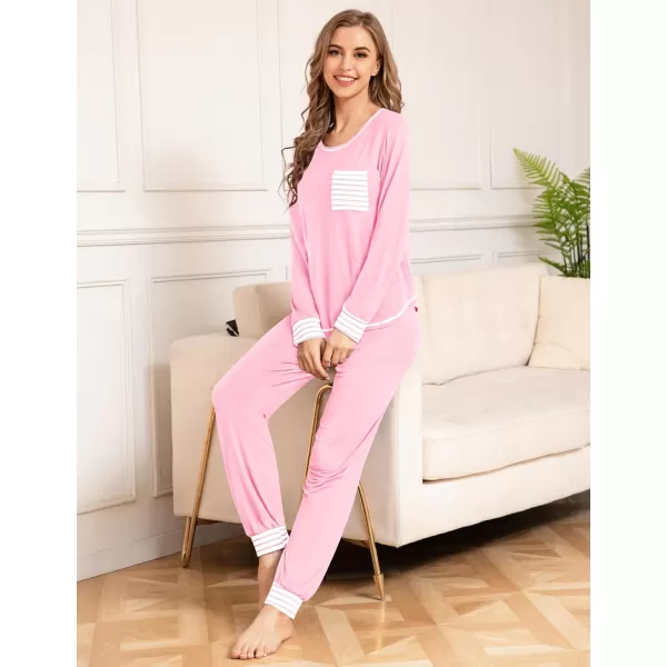 SWOMOG Pajamas Set Womens Long Sleeve Sleepwear Soft Modal Classic Loungewear Pj SetPink