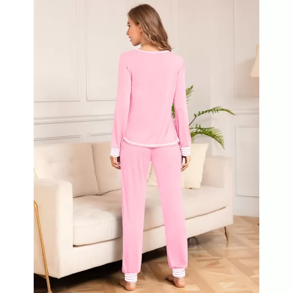 SWOMOG Pajamas Set Womens Long Sleeve Sleepwear Soft Modal Classic Loungewear Pj SetPink