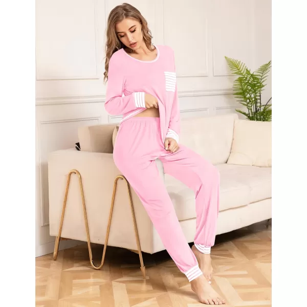 SWOMOG Pajamas Set Womens Long Sleeve Sleepwear Soft Modal Classic Loungewear Pj SetPink