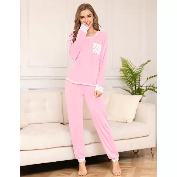 SWOMOG Pajamas Set Womens Long Sleeve Sleepwear Soft Modal Classic Loungewear Pj SetPink