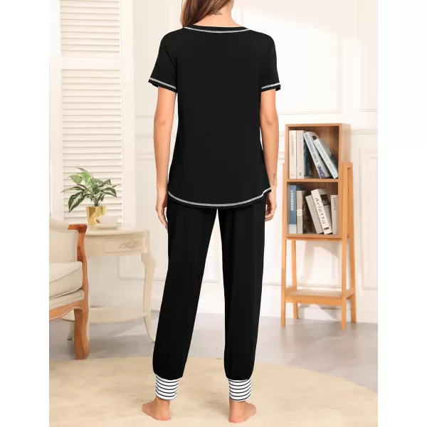 SWOMOG Pajamas Set Womens Long Sleeve Sleepwear Soft Modal Classic Loungewear Pj SetShort Sleeveblack