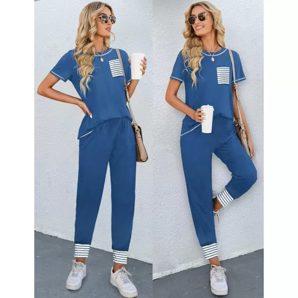 SWOMOG Pajamas Set Womens Long Sleeve Sleepwear Soft Modal Classic Loungewear Pj SetShort Sleeveblue